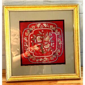 Chinese Silk Embroidered Textile Tapestry Mid-20th Century Framed